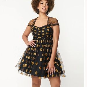 Unique Vintage babydoll dress. Black mesh dress, Glittery Pumpkins throughout.